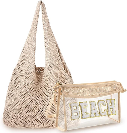 Aliceset 2 Pack Crochet Mesh Beach Tote Bag with Letter Patch Pocket Summer Beach Tote Bohemian Straw Transparent Bag