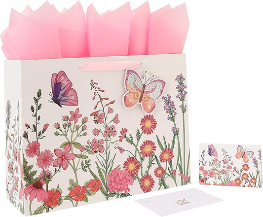 Qirrmiy 16.5” Extra Large 3D Butterfly Gift Bag Set with Handles, Greeting Card, Pink Tissue Papers and Stickers for Women...