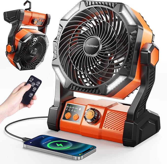 Camping Fan, 20000mAh Rechargeable Battery Powered Outdoor Tent Fan with Light and Hook, 6 Speed, Personal USB Desk Fan fo...
