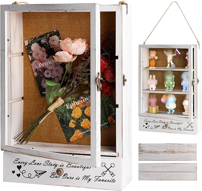 Large Shadow Box Frame 11x16 , 3.5” Deep Shadow Box with Drawers and Removable Shelves, Rustic White Color Wood Picture Di...