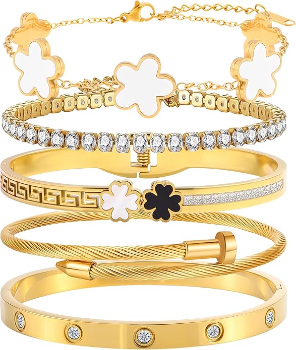 Camhanno 5pcs Gold Stackable Bracelet Set for Women - Stainless Steel Non-Tarnish Clover Lucky Charm Jewelry, Trendy Gift ...