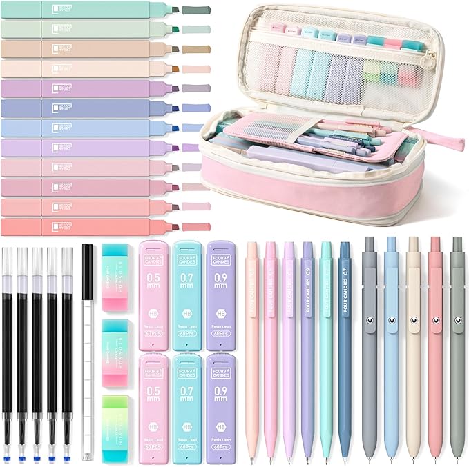 Four Candies 39 PCS Aesthetic School Supplies with Cute Pen Case, 12 Pastel Highlighters, 5 Black Ink Gel Pens, 6 Mechanic...