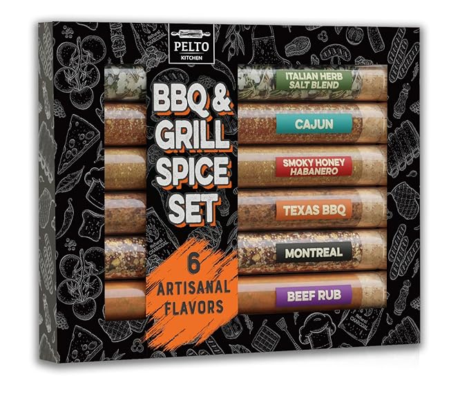 BBQ & Grill Spice Set - 6 Spice Blend Flavors in Tubes in a Gift Box, For Smoking, Seasosonig, Griling, Christmas Stocking...