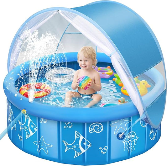 Upgraded Baby Pool with Canopy Sprinkler, 47in Foldable Kiddie Pool with Pop Up Mosquito Net, Baby Beach Tent with Sun Sha...