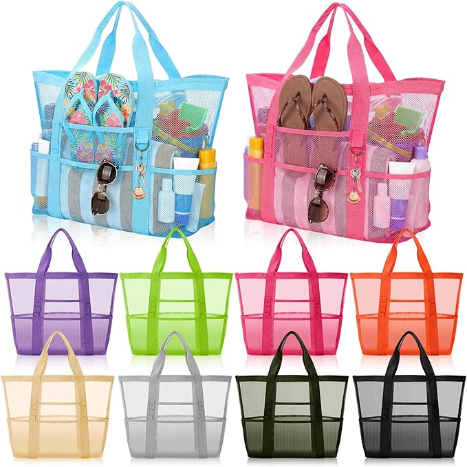 Hsei 10 Pack Mesh Beach Bags Bulk for Women Waterproof Large Pool Tote Bag with 8 Pockets & Reinforced Handles Toy Bags fo...