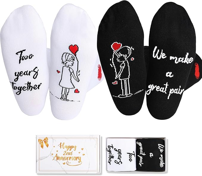 EcoUtens 2nd Anniversary Cotton Gift Set – 2 Pairs of Romantic Cotton Couple Socks with 2 Years Anniversary Card & Gift Bo...