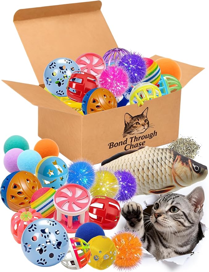 DIYUQISHI 43 Pcs Cat Toys Set for Indoor Bored Kitten - Catnip Fish, Bell Balls, Plush Balls, Glow Balls & Extra Catnip Pa...