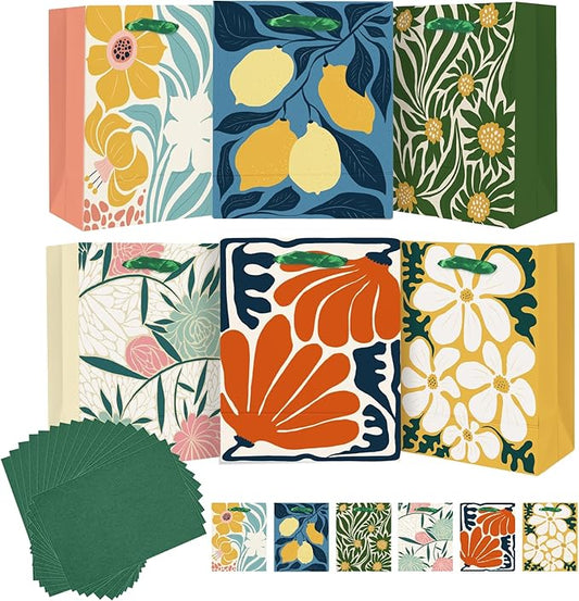 qiqee 7.9"x4.3"x9.6" 6PCS Clash Flowers Paper Gift Bags with Tissue Paper Handles Medium Size Bags（ Tissue Paper ）