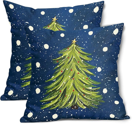 aportt Blue Christmas Pillow Covers 20X20 Inch Set of 2 Watercolor Green Xmas Tree Decorative Cases Winter Holiday Cotton ...