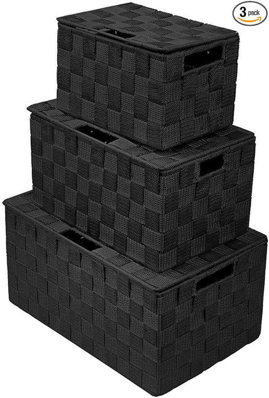 Sorbus Set of 3 Black Woven Storage Baskets with Lids – Mesh Hand-Woven Bins for Closet, Shelf, and Linen Organization – V...