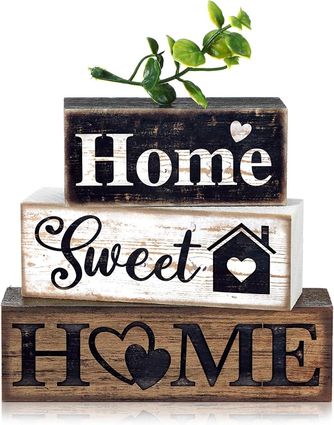 Moucuny 4 Pcs Farmhouse Wooden Tabletop Decor Farmhouse Tiered Tray Decor Rustic Eucalyptus Leaves Wood Block Sign Gift Sw...