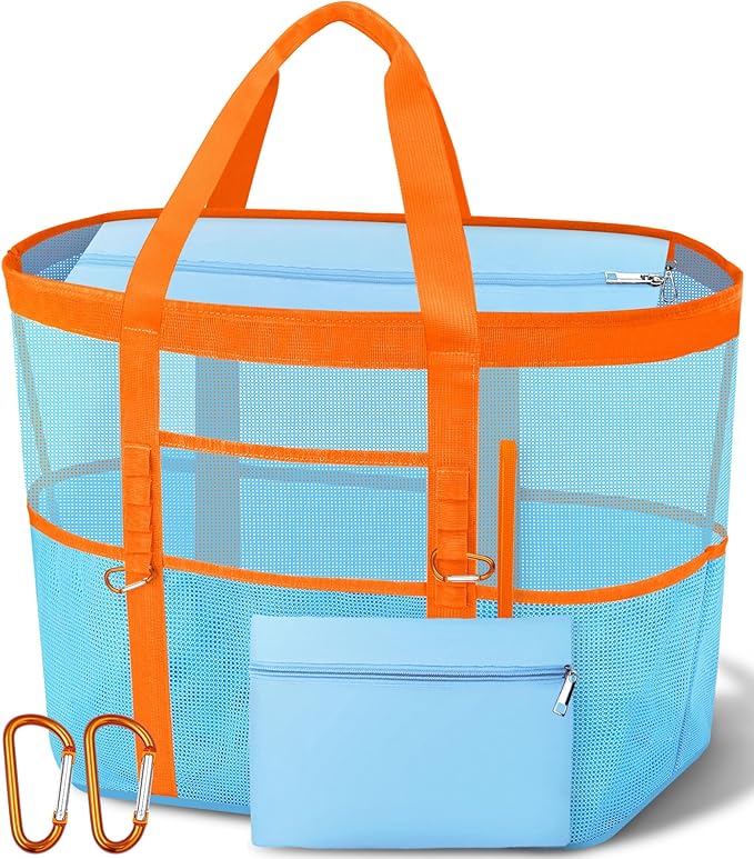 Yeendibo 2026 Chic & Spacious XX-Large Beach Bag for Women — Mesh × Canvas Tote with Top Zipper, 11 Pockets, Detachable Po...