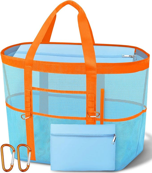 Yeendibo 2026 Chic & Spacious XX-Large Beach Bag for Women — Mesh × Canvas Tote with Top Zipper, 11 Pockets, Detachable Po...