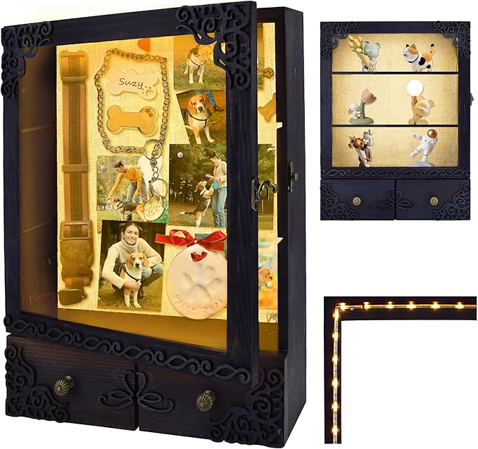 KWYADLUO 11x16 Shadow Box Frame with Light, Memorial Display Case with Shelves, Drawer and Slot for Keepsakes, Deep Memori...