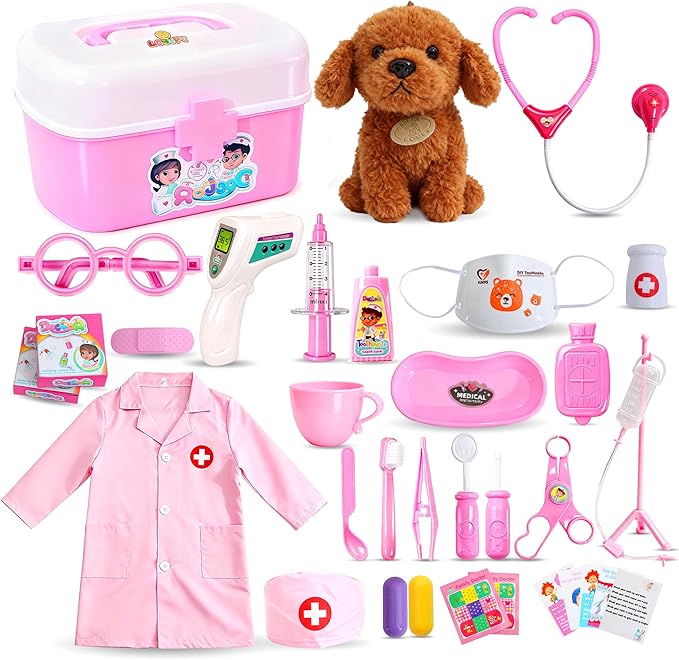 Girl Toys Doctor Kit for Toddlers 3-5 with Plush Dog, 39 PCS Kids Vet Play Set with Heartbeat Sound Stethoscope & Dress Up...