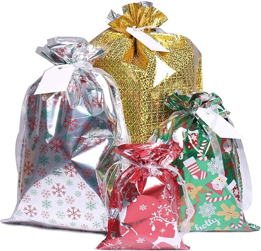 Christmas Gift Bags,40Pcs Santa Wrapping Bag in 4 Sizes and 4 Designs with Inserted Drawstring Ribbons and Tags for Wrappi...