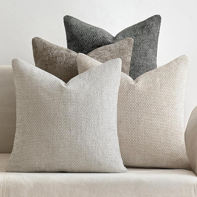 MIULEE Pack of 4 Couch Throw Pillow Covers 18x18 Inch Neutral Soft Decorative Chenille Pillow Covers Farmhouse Boho Cushio...