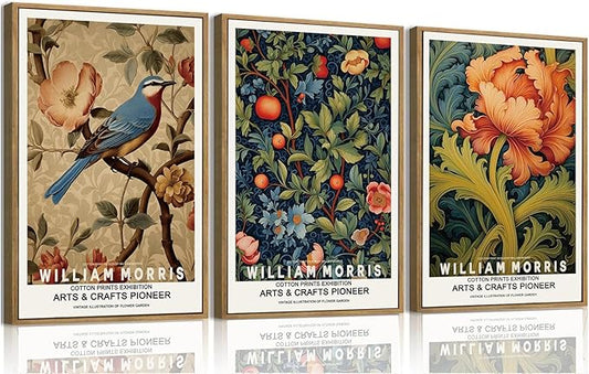 ILLBDR William Morris Framed Wall Art Vintage Bird Canvas Wall Art Set of 3 Colorful Floral Prints Botanical Artwork Class...