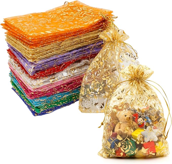 100Pcs 5x7 Inch Organza Gift Bags 10 Colors Drawstring Mesh Bag for Jewelry Wedding Favor Festival Candy Gift Pouches Chri...