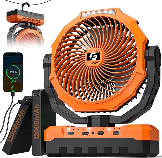 24000mAh Camping Fan - Detachable Rechargeable Battery Operated Fan with Light & Hook for Tent, Outdoor - USB Table Fan wi...
