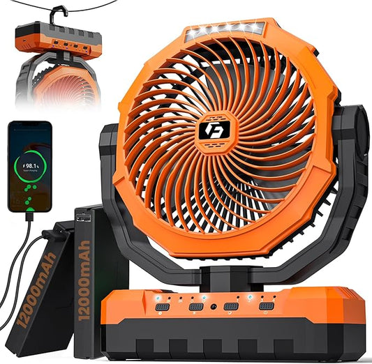 24000mAh Camping Fan - Detachable Rechargeable Battery Operated Fan with Light & Hook for Tent, Outdoor - USB Table Fan wi...
