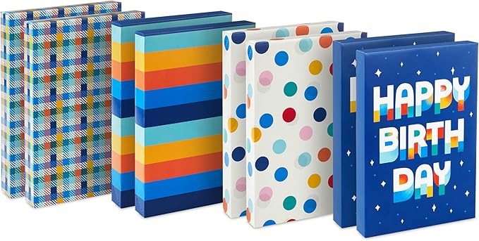 Hallmark Designed Shirt Boxes with Lids (8 Boxes: 2 Each of Orange and Blue Stripes, Plaid, Dots, Happy Birthday) for Birt...