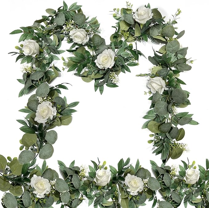 2 Pack 13Ft Artificial Spring Eucalyptus Flower Garland with White Roses, Fake Flower Greenery Floral Green Garland Vines ...