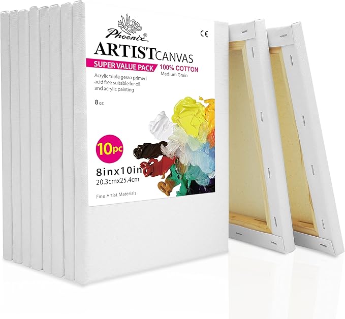 PHOENIX Stretched Canvas for Painting 8x10 Inch/10 Value Pack, 8 Oz Triple Primed 5/8 Inch Profile 100% Cotton White Blank...