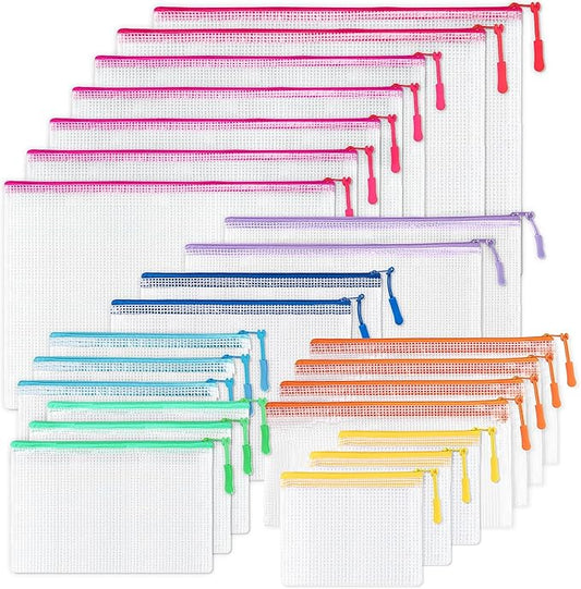 24 Pcs Mesh Zipper Pouch Bags, Plastic Zipper Pouches for Classroom in 8 Sizes, Waterproof Mesh Zipper Bags for Organizin...
