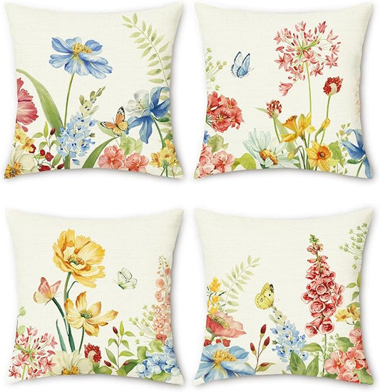 Bonhause Spring Floral Pillow Covers 18x18 Inch Set of 4, Wildflower Plant Decorative Cushion Covers, Polyester Linen Seas...