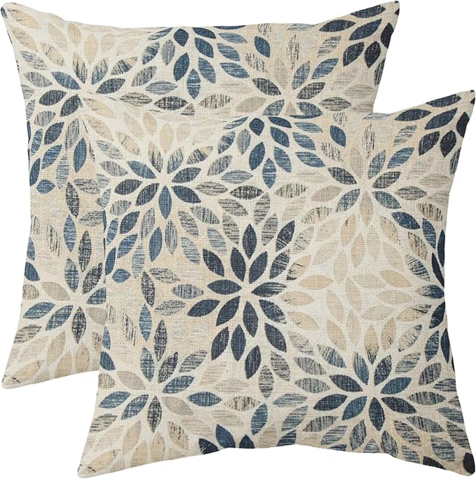 Robvobe Dahlia Pillow Covers 16x16 Set of 2 Rustic Summer Rust Geometric Floral Navy Blue Cream Outdoor Decorative Throw P...