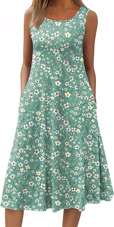HOTOUCH Summer Casual Dresses for Women Sleeveless Midi Dress Swing Tank Sundress Pleated Tshirt Dress with Pockets