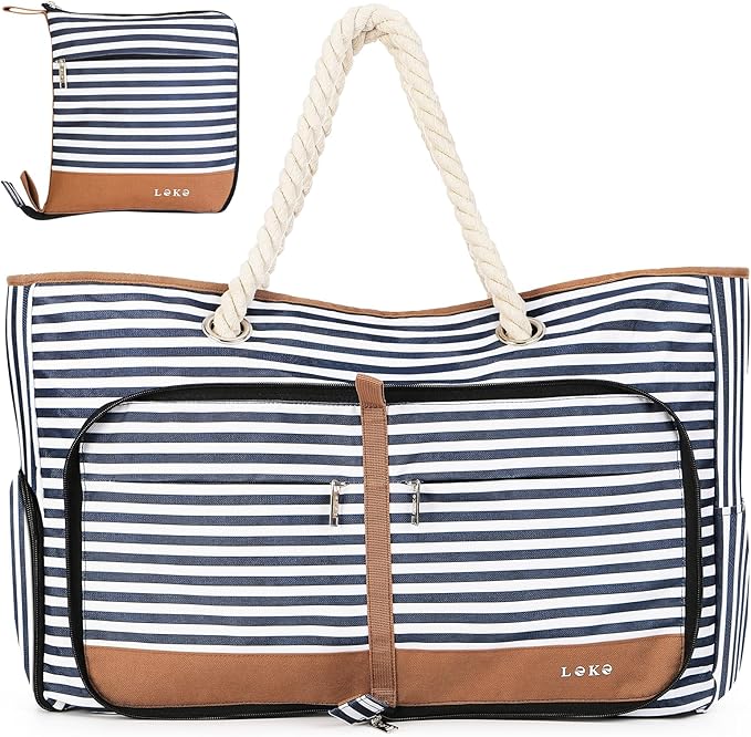 Lekespring Beach Bag for Women - 35L Large Tote Bag, Waterproof & Sandproof, Zippered Carry On Bag for Pool, Beach & Travel