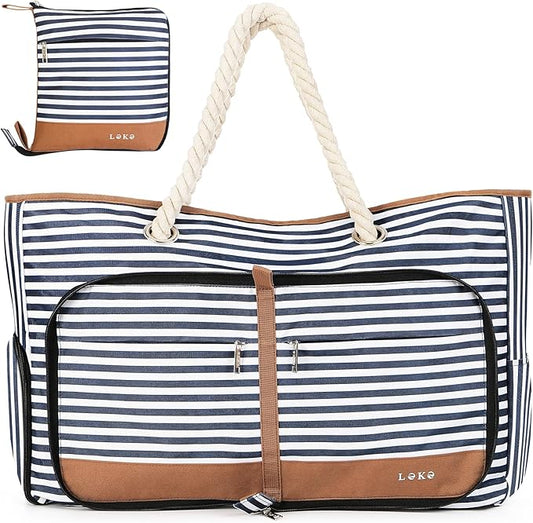 Lekespring Beach Bag for Women - 35L Large Tote Bag, Waterproof & Sandproof, Zippered Carry On Bag for Pool, Beach & Travel