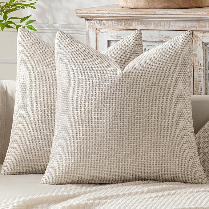 MIULEE Pack of 2 Couch Throw Pillow Covers 18x18 Inch Neutral Beige Modern Boho Accent Decorative Pillow Covers Soft Cheni...