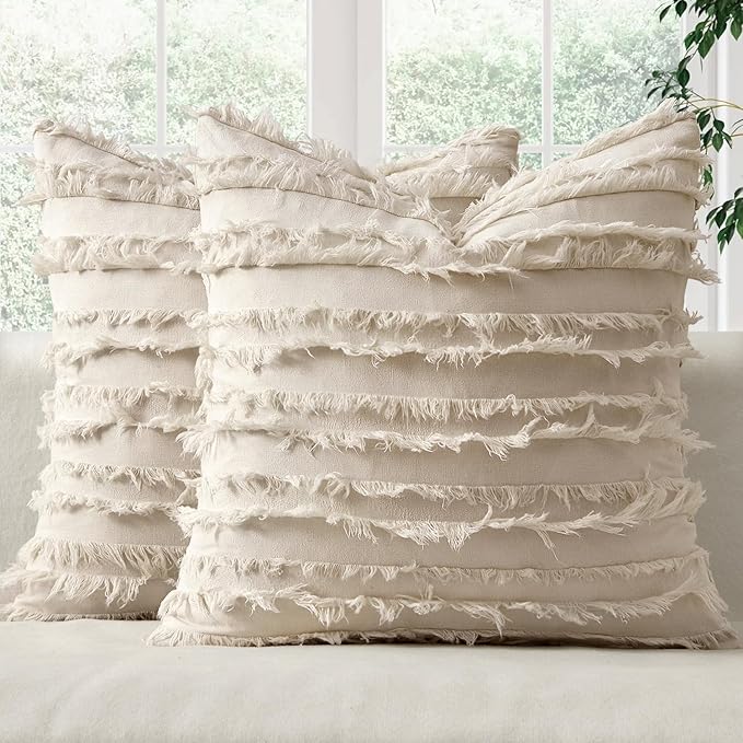 MIULEE Decorative Boho Throw Pillow Covers Set of 2 Spring Neutral Beige Linen Striped Jacquard Pattern Modern Cushion Cov...