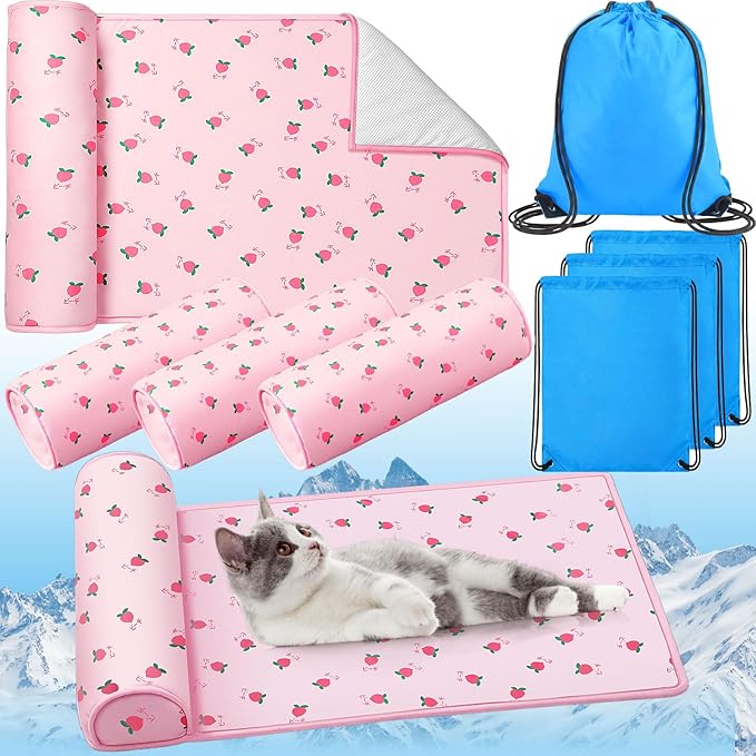 DoubleFill 4 Pack Cooling Dog Mats with Supportive Pillow 15.7" x 23.6" Self Cooling Dog Pads Ice Silk Washable Pet Cool M...