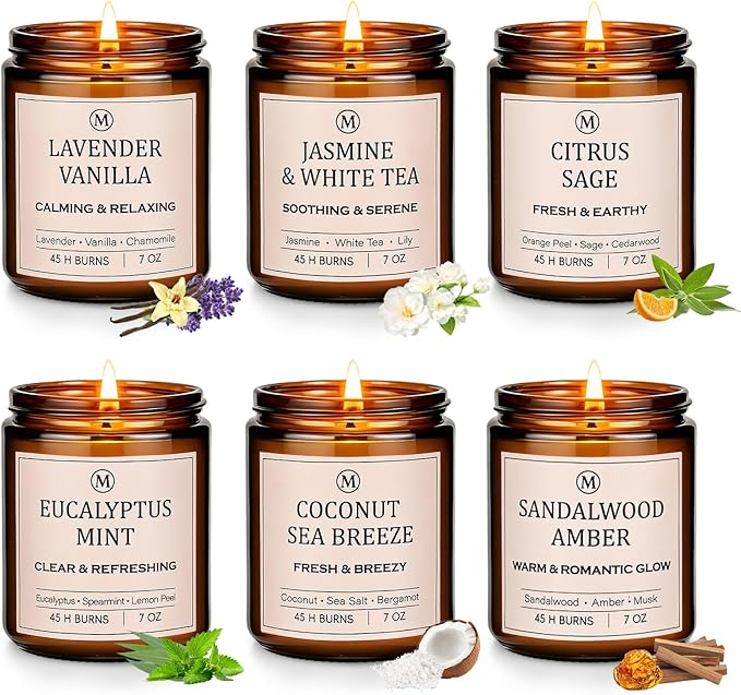 6-Pack Scented Soy Candle Set – Lavender Vanilla, Eucalyptus, Sandalwood, Jasmine & White Tea, Coconut, Sage | Natural Lon...