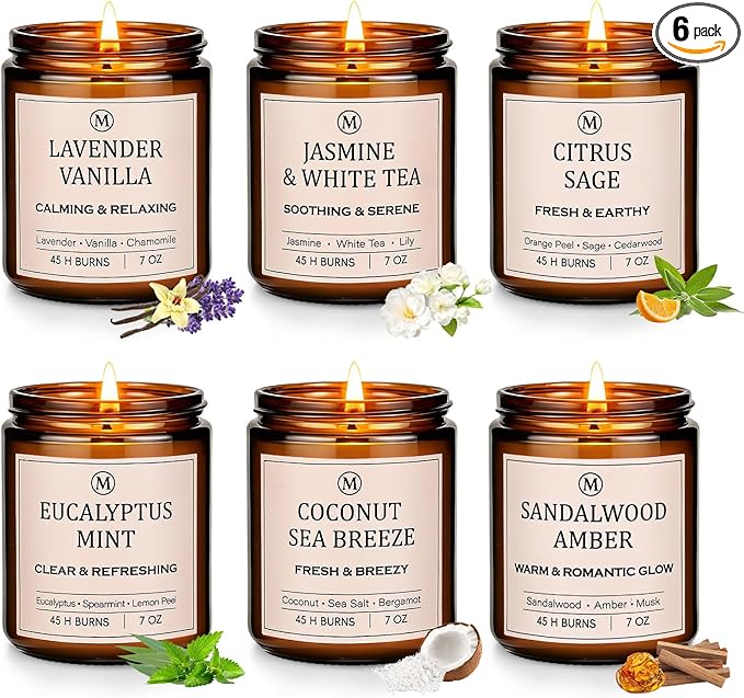 6-Pack Scented Soy Candle Set – Lavender Vanilla, Eucalyptus, Sandalwood, Jasmine & White Tea, Coconut, Sage | Natural Lon...