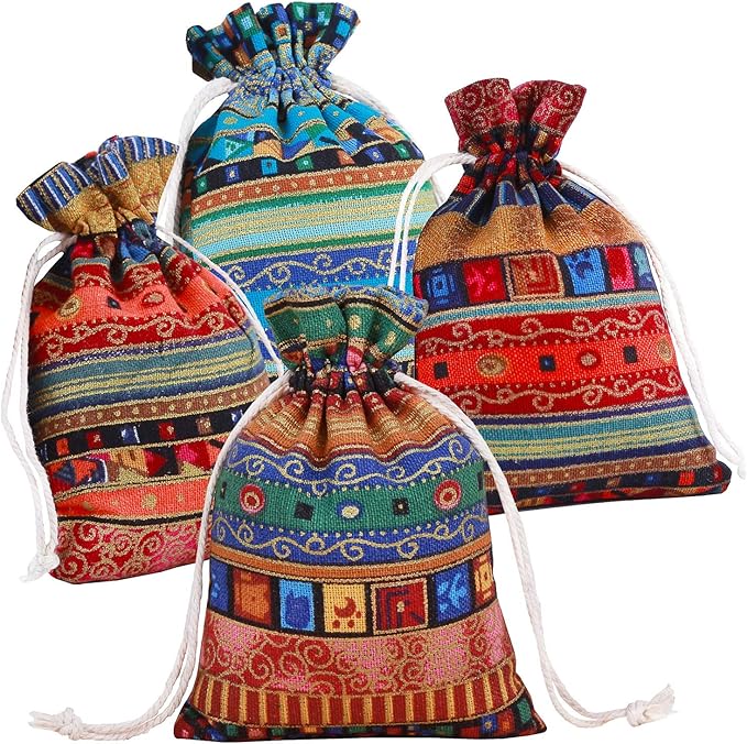 PINOWU Ethnic Style Drawstring Gift Bag 5x7 Cotton Reusable Pouches (12pcs) Jewelry Coin Storage Pouch Eco-Friendly Sachet...