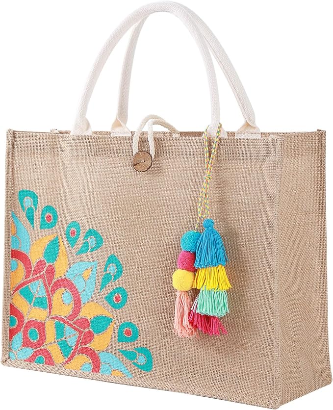 itgowisa Jute Beach Bag for Women, Burlap Beach Tote Bag with Tassel Pocket, Summer Gift for Vacation, Pool, Cruise & Groc...