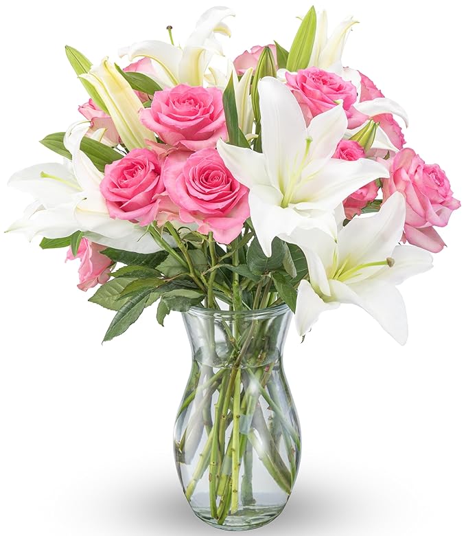 Benchmark Bouquets - Oriental Lily Flower & Pink Roses Bouquet - Fresh Flowers for Delivery - Real Flowers in a Vase - Gif...