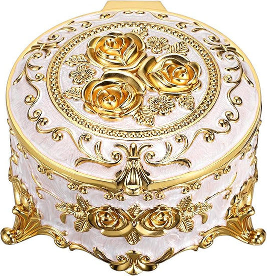 Hipiwe Round Jewery Box Metal Trinket Organizer Decorative Keepsake Box for Trrasure Ring Earring Holder Vintage Jewelry D...