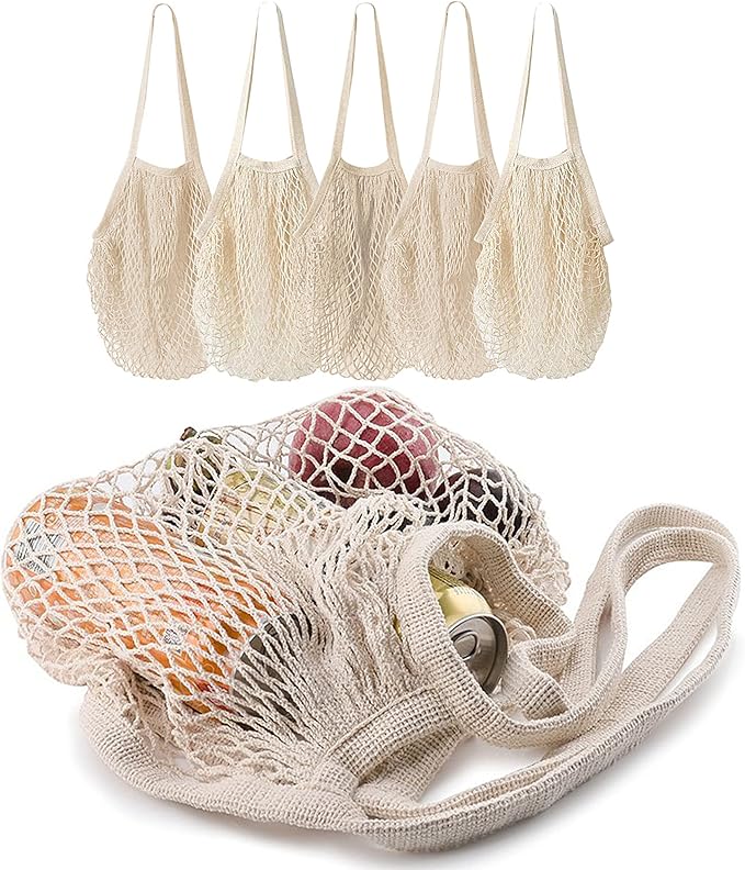 MERCURHOUSE 5 pack Cotton String Shopping Bags Reusable Washable Grocery Mesh Bags Organizer for Grocery Shopping Produce ...