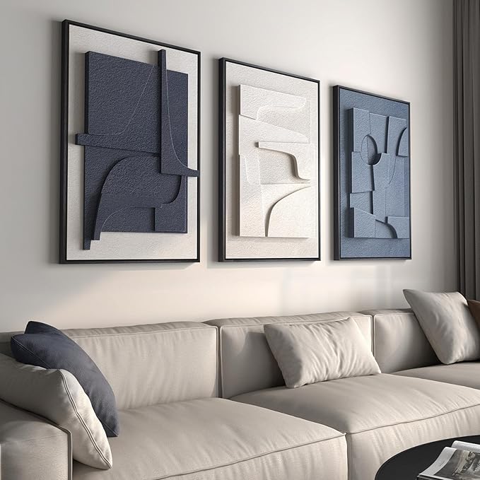 Large 3D Textured Framed Blue and White Abstract Wall Art for Living Room, 3 Piece Modern Artwork for Walls, Minimalist Na...