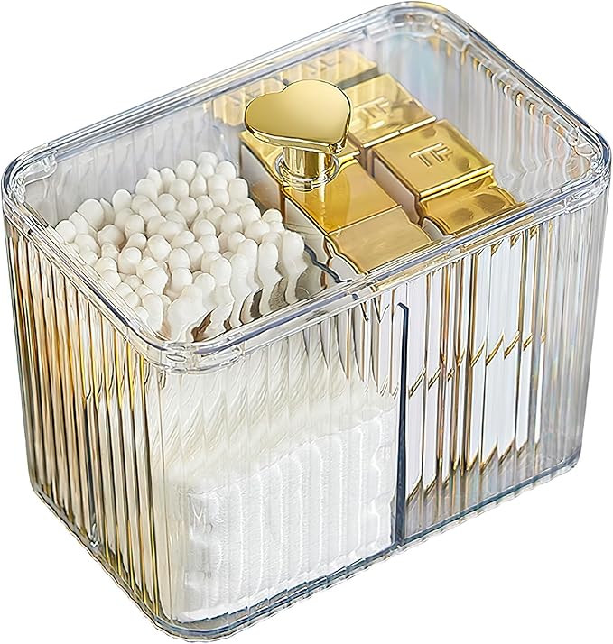 DUDUYA Qtips Holder Bathroom Container, 3-Section Bathroom Organizer Dispenser ,3 Grids Cotton Ball/Swab/Pad Holder ,Jar O...