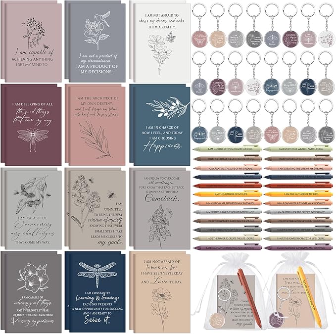Mooliwe 72 Pcs/24 Set Positive Affirmation Gift Set Gratitude Notebooks with Pens Acrylic Keychains Small Bags Motivationa...