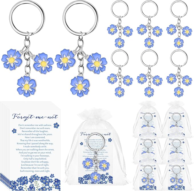Landical 25 Set Funeral Favors for Guests Forget Me Not Flower Keychain Forget Me Not Poem Cards with Organza Bags Celebra...
