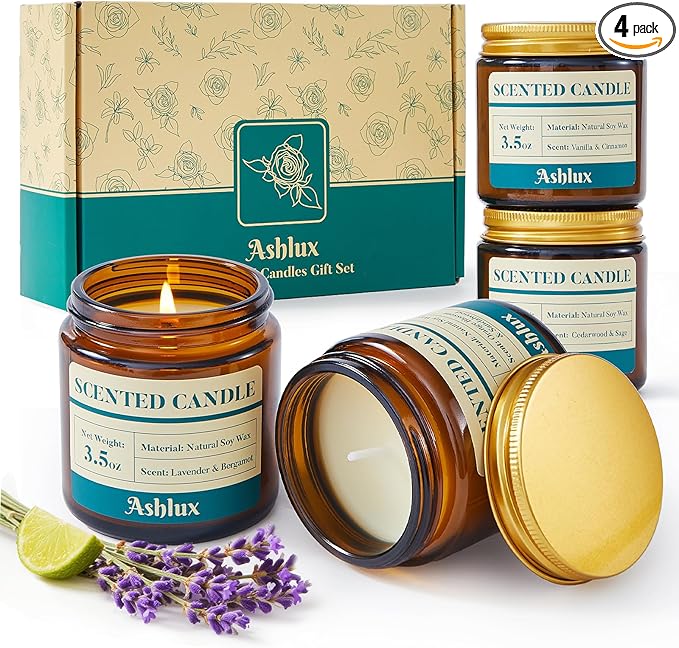 Ashlux 4 Pack Scented Candles as Candle Gift Set, Candle Set for Women, Long Lasting Soy Wax Amber Jar Aromatherapy Candle...