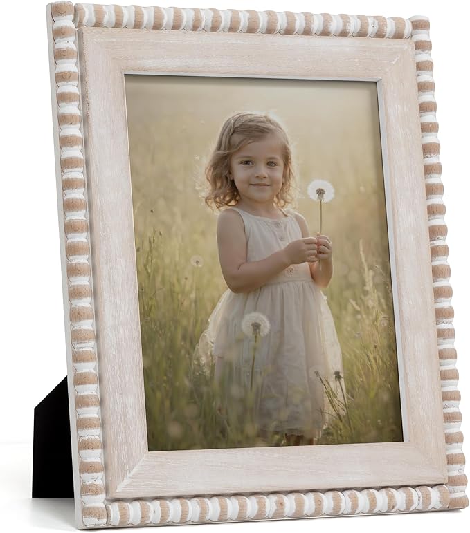 Afuly 8x10 Farmhouse Picture Frame Boho White Beads Photo Frame Wooden Distressed Wall Hanging Desk Standing Decor Artwork...